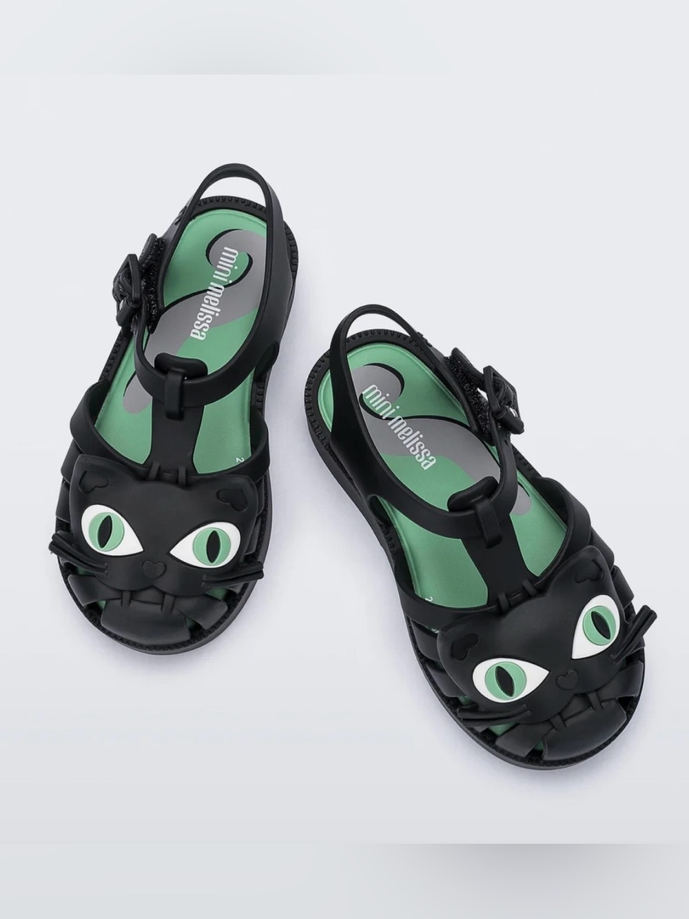 Mini Melissa Black Cat Jelly Sandals with Green Insole